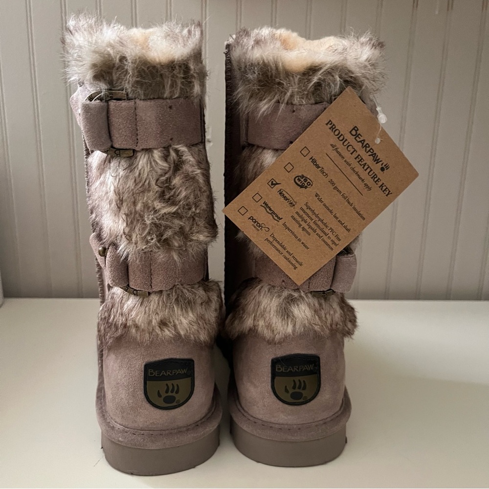 NWOB Bearpaw Eloise Stone Grey faux fur genuine suede mid calf boot size 9 - Picture 4 of 5